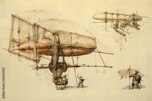 Artwork of an airborne contraption designed by Leonardo da Vinci. Generative AI photo