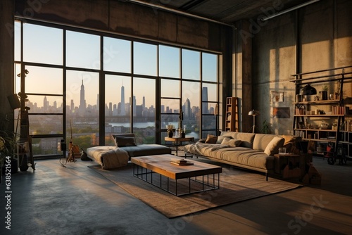 Spacious urban loft with bare concrete floor and stunning city scenery. Generative AI