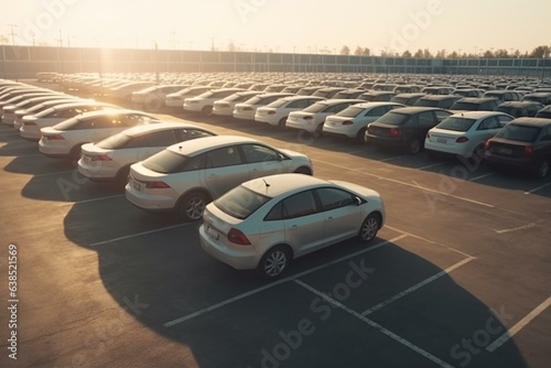 Rows of parked cars in a sunny distribution center at a car factory. Outdoor parking. Generative AI