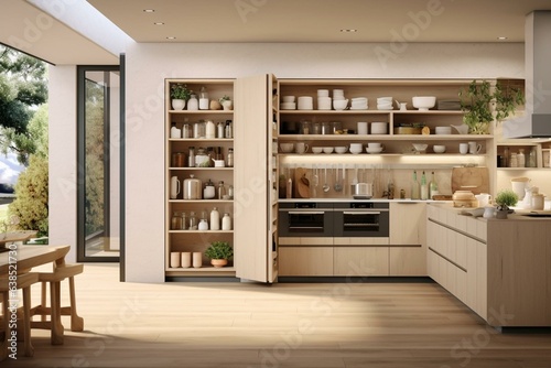 Modern kitchen with open pantry doors. Generative AI © Althea