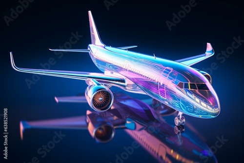 3D white plane with futuristic neon edge hologram showcasing technology and security for premium business finance and transportation. Generative AI