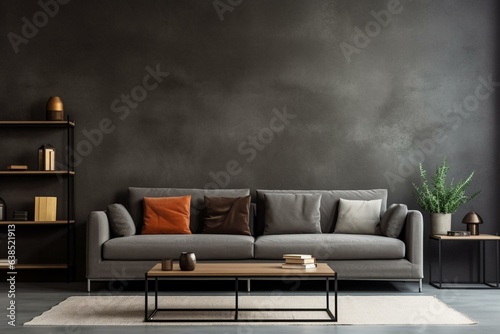 Spacious, chic living room with a large sofa, cozy cushions, elegant coffee table, plush carpet, and sleek dark gray concrete wall. Generative AI
