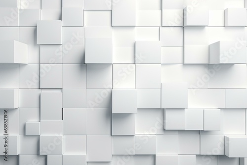 Arrangement of semigloss tiles forming a white wall with a futuristic, 3D background made of rectangular blocks. Generative AI