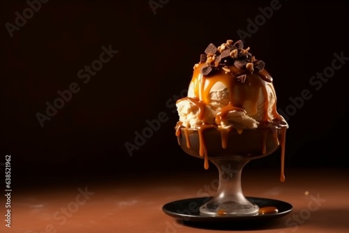 Sundae with chocolate ice cream, caramel, on a brown background, isolated, copyspace. Generative AI