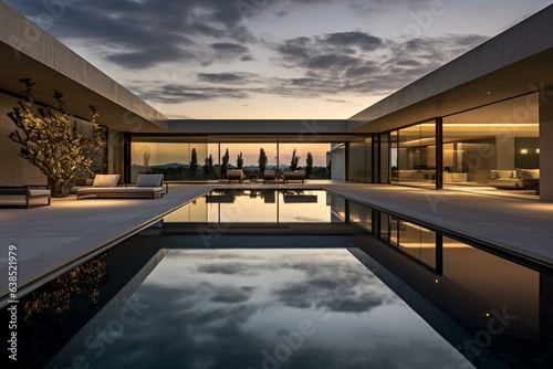 A stunning pool in a grand modern villa with sleek design. Generative AI © Aiden