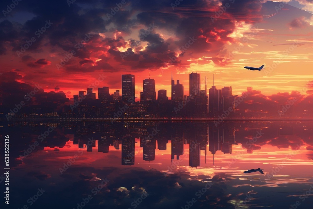 twilight flight over blurred city. Generative AI