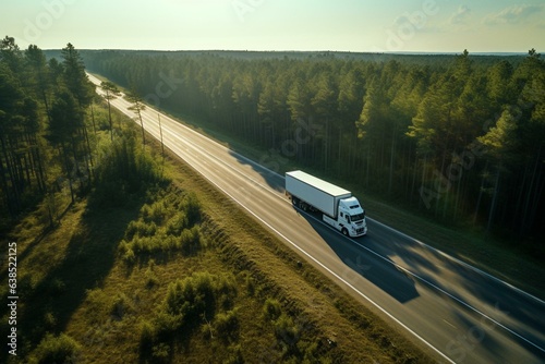 Blue truck passes white truck on forest-lined highway under radiant sun. Overhead view. Generative AI