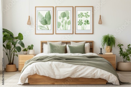 A sunny natural-themed bedroom with plants and three picture frames over the bed. Generative AI © Freddie