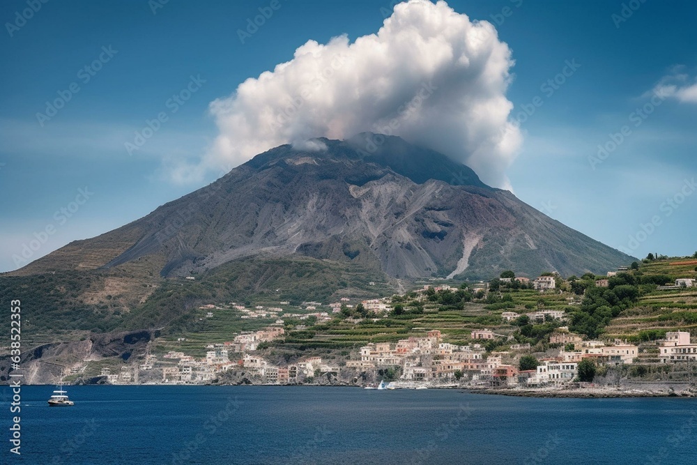 July 2020 view of Volcano Island from Lipari, Sicily. Generative AI