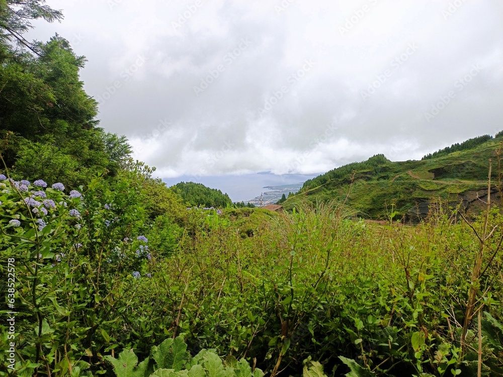 AZORES MARAVILLOSAS VISTAS HASTA EL MAR desde la montaña.