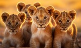 a charming group of four lion cubs sitting closely together. The backdrop is suffused with warm, golden tones of a setting or rising sun, which highlights their innocent and curious faces