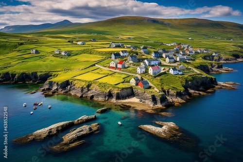 Aerial view of Portmagee fishing village on Ring of Kerry, Iveragh Peninsula, County Kerry, Ireland. Generative AI photo