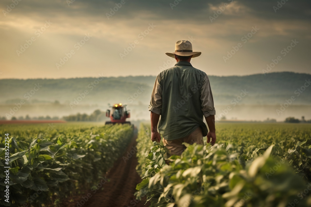 rear view farmer in soybean fields rear view farmer in soybean fields