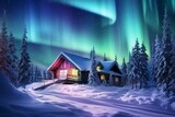 Enchanting winter scene: cozy wooden house, snowy mountains, northern lights. Captures Christmas holiday and winter vacations. Generative AI
