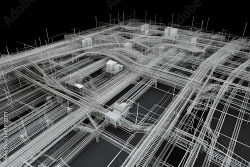 Wireframe view of the railway infrastructure area in a BIM model. Generative AI