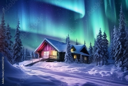 Enchanting winter scene  cozy wooden house  snowy mountains  northern lights. Captures Christmas holiday and winter vacations. Generative AI