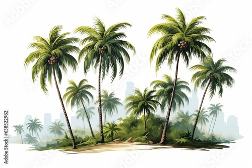 Isolated coconut and palm trees on white background  growing large in summer. Ideal for design  advertising  and architecture. Generative AI