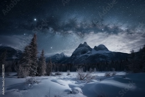 Enchanting winter landscape with majestic mountains under a starry night sky. Generative AI