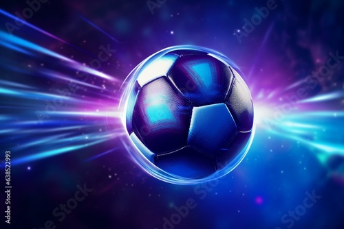 Abstract football ball on blurred background with neon shape, sports symbol graphic. 3D illustration with glitter effect. Generative AI © Azeneth