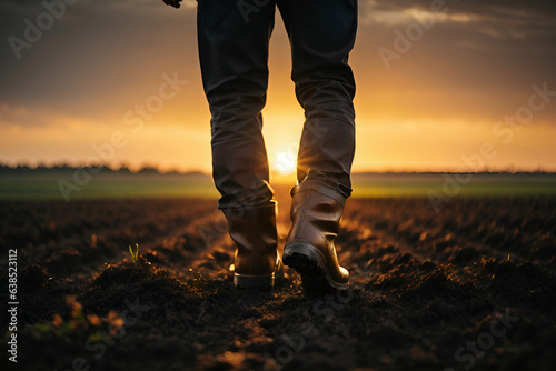 farmer feet walks across a black field. agriculture business concept. silhouette of a farmer feet at sunset walking across a black plowed field. farmer in rubber boots legs lifestyle close-up