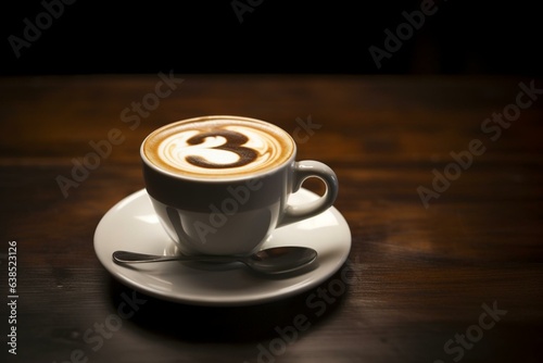 A cup of coffee with a latte art design of the number 3. Generative AI