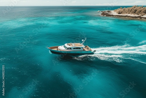 A drone photographs a speedy yacht cruising through turquoise waters in Bali. Generative AI