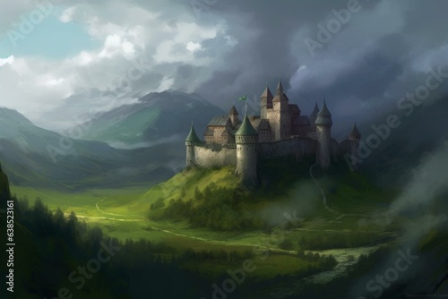 Digital painting of a fantasy-inspired medieval castle on hills with mountains  green fields  and dark skies. Generative AI