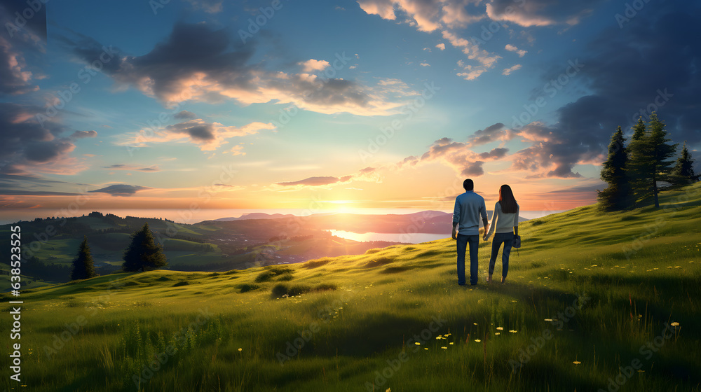 two people standing on a grassy hill in front of the sunset