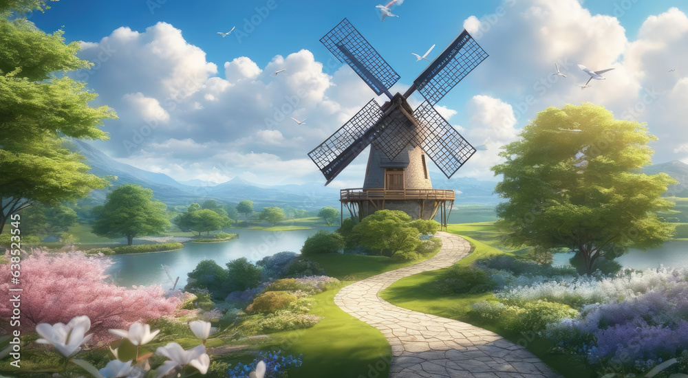 Renewable Energy Amidst Lush Green Landscape and Flowering Plants Renewable Energy Amidst Lush Green Landscape and Flowering Plants