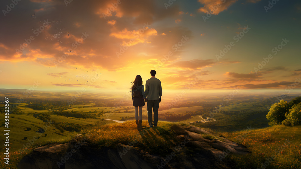 two people stand on a large rock overlooking the rolling hills of a mountain