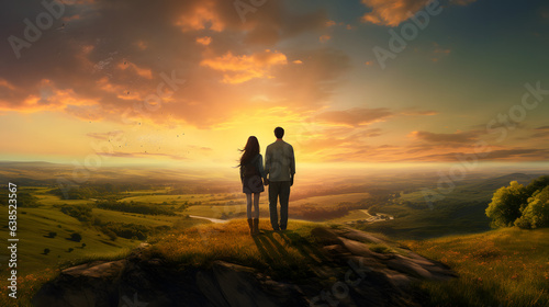 two people stand on a large rock overlooking the rolling hills of a mountain