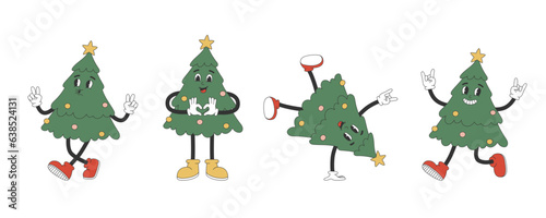 Set of Groovy hippie Christmas tree characters. Cartoon mascot characters in trendy retro style for Christmas festive design