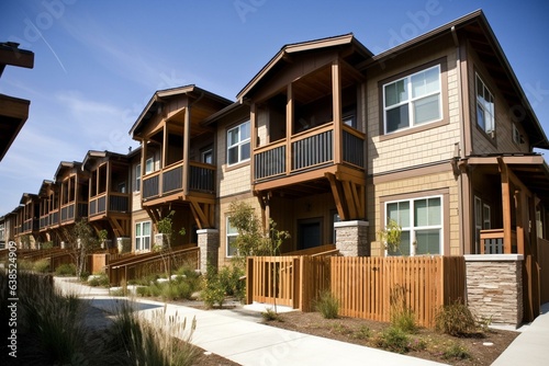 Duplex homes with eco-friendly wooden vinyl exteriors in Carlsbad, San Diego, California. Generative AI © Juan