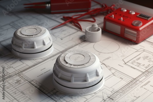 Fire safety system illustrated on a blueprint with a smoke detector. 3D rendered image. Generative AI