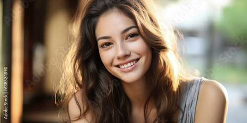 Girl with Perfect Smile and White Teeth, Close Up Portrait