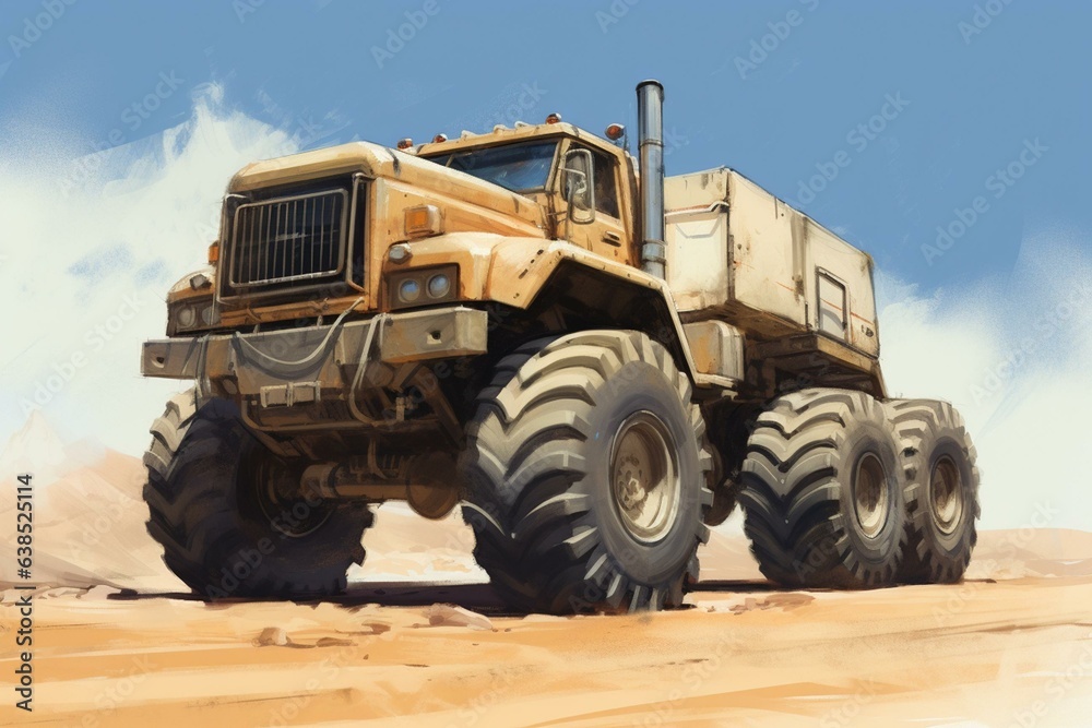 Truck with big tires for transporting goods. Generative AI