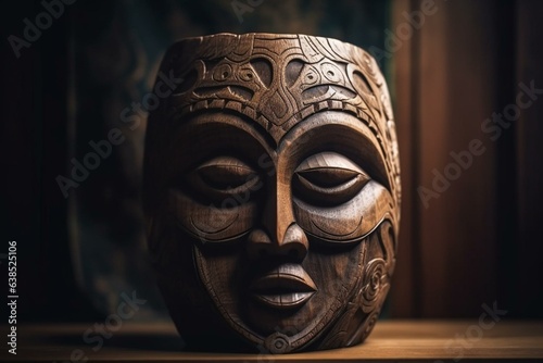 Beautiful wooden mask art with soft light  ideal wallpaper idea. Generative AI