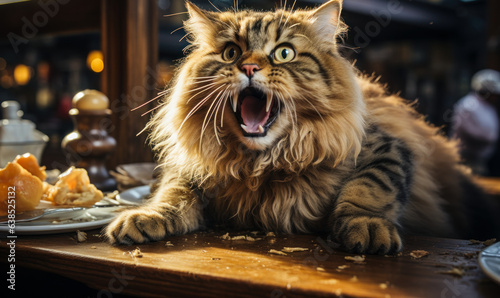 Angry screaming hungry fat cat posing with an empty plate at the restaurant table. demanding food. hangry concept - hungry and angry photo