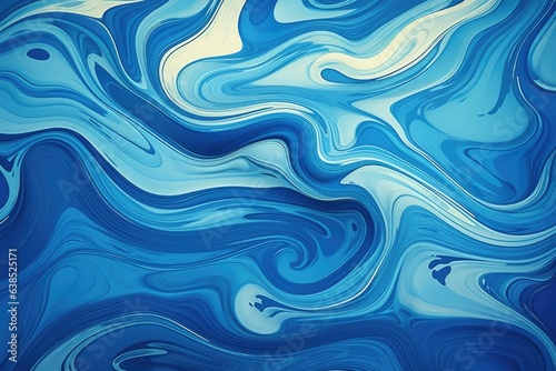 a vibrant abstract painting with swirling blue and white patterns