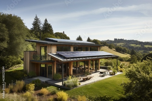 Rural residence featuring eco-friendly solar panels. Generative AI