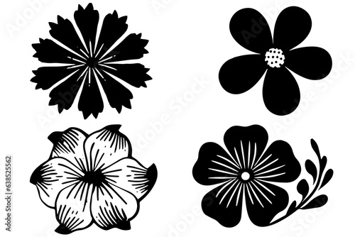 Set of lino cut grunge flower ink stamp. Pack of contemprorary texture elements. Vector illustration.