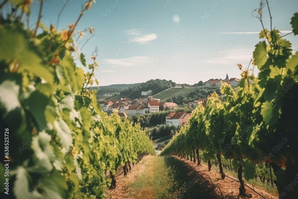 Sunny summer vineyard in hilly Styria, Austria with white wine grapes and nearby winery on wine road. Generative AI - obrazy, fototapety, plakaty 