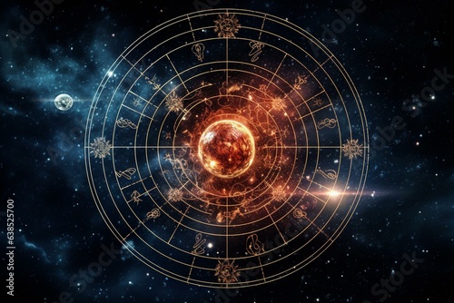 Astrological zodiac symbol shines among constellations in a starry sky. Generative AI