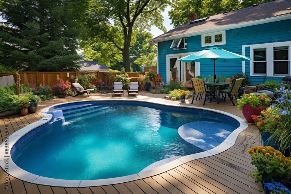 Vibrant backyard pool with sunlit deck for a refreshing summer dip. Generative AI
