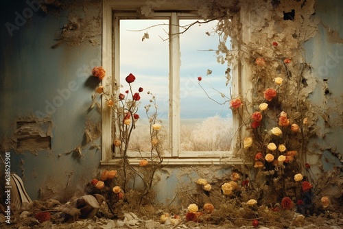 A room window peers at withered flowers, emphasizing climate change. Generative AI photo