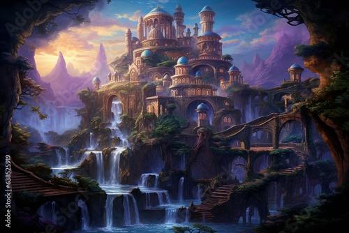 Illustration of a fantastical cascade in a enchanting realm. Generative AI © Anika