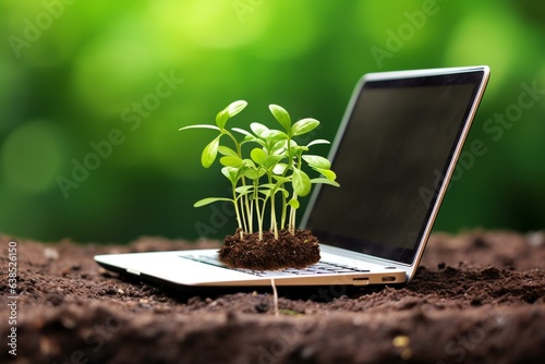 Eco-friendly laptop with seedlings in keyboard, sustainable economy & green biz concept, copy space, focus select. Generative AI