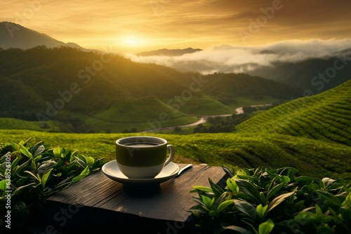 A joyful and serene scene with a beaming hot tea cup, a smiling face, vibrant green tea plantation, misty mountains. Generative AI