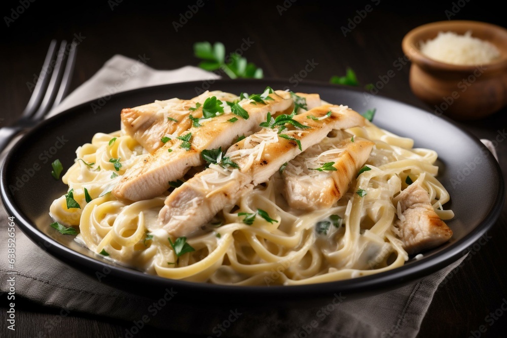 Delicious pasta dish made with chicken and fettuccine in creamy alfredo sauce. Generative AI