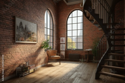 A staircase in a loft with a wooden floor, arched windows, and a brick wall. There is 3D artwork. Generative AI